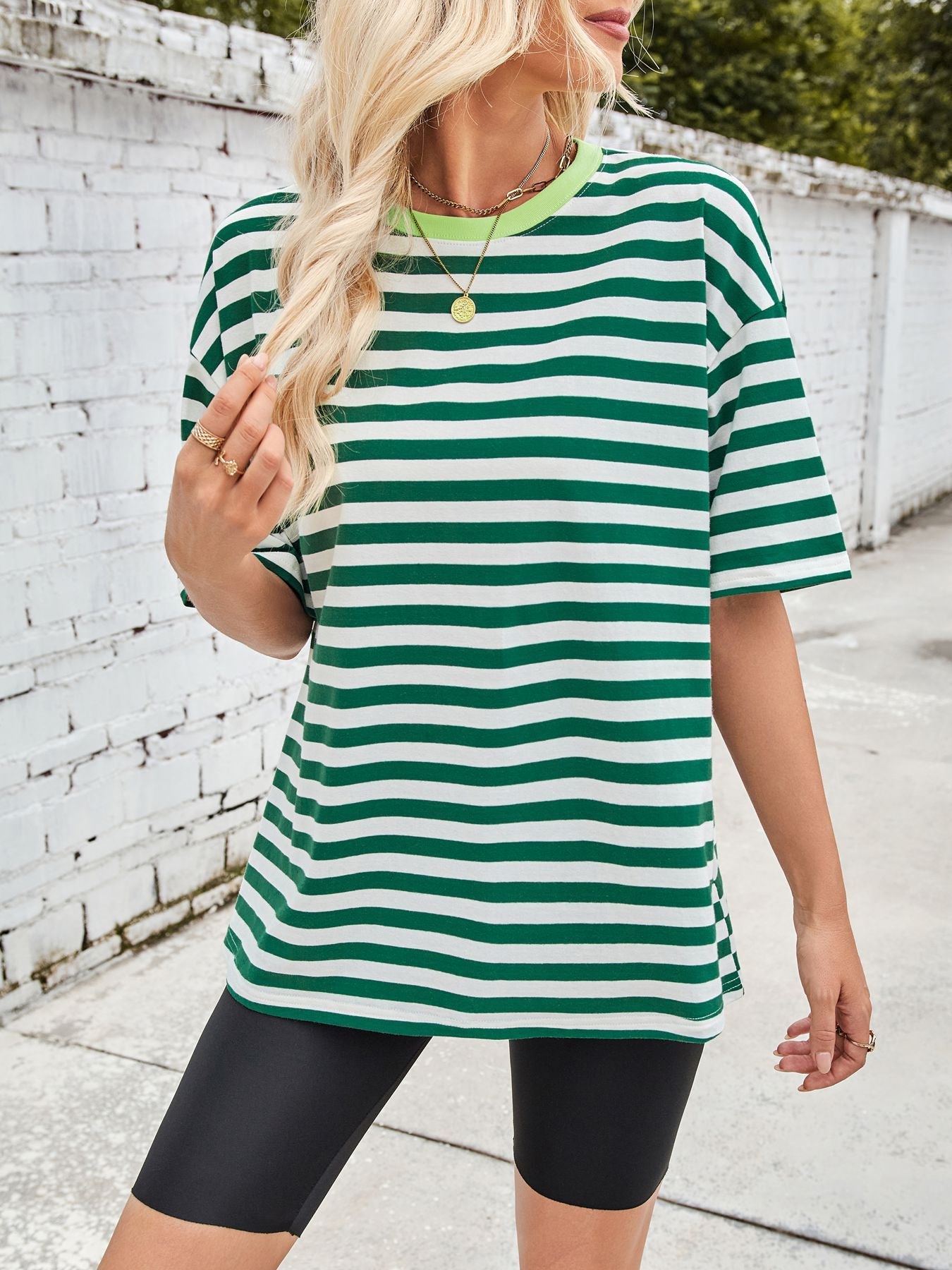 Women Striped Round Neck Half Sleeve Casual Oversized T-Shirt