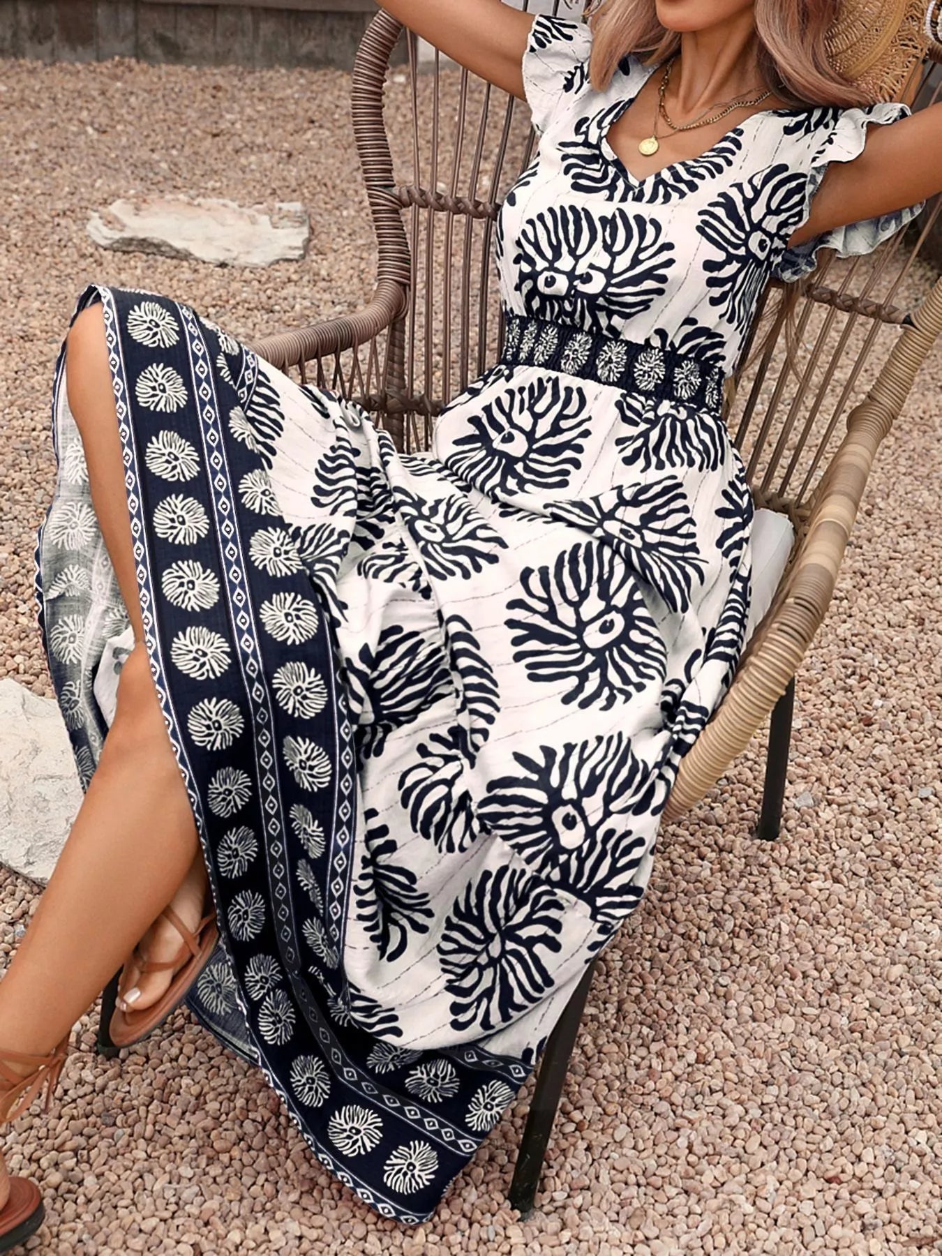 Floral Print V-Neck Ruffle Cap Sleeve Maxi Dress