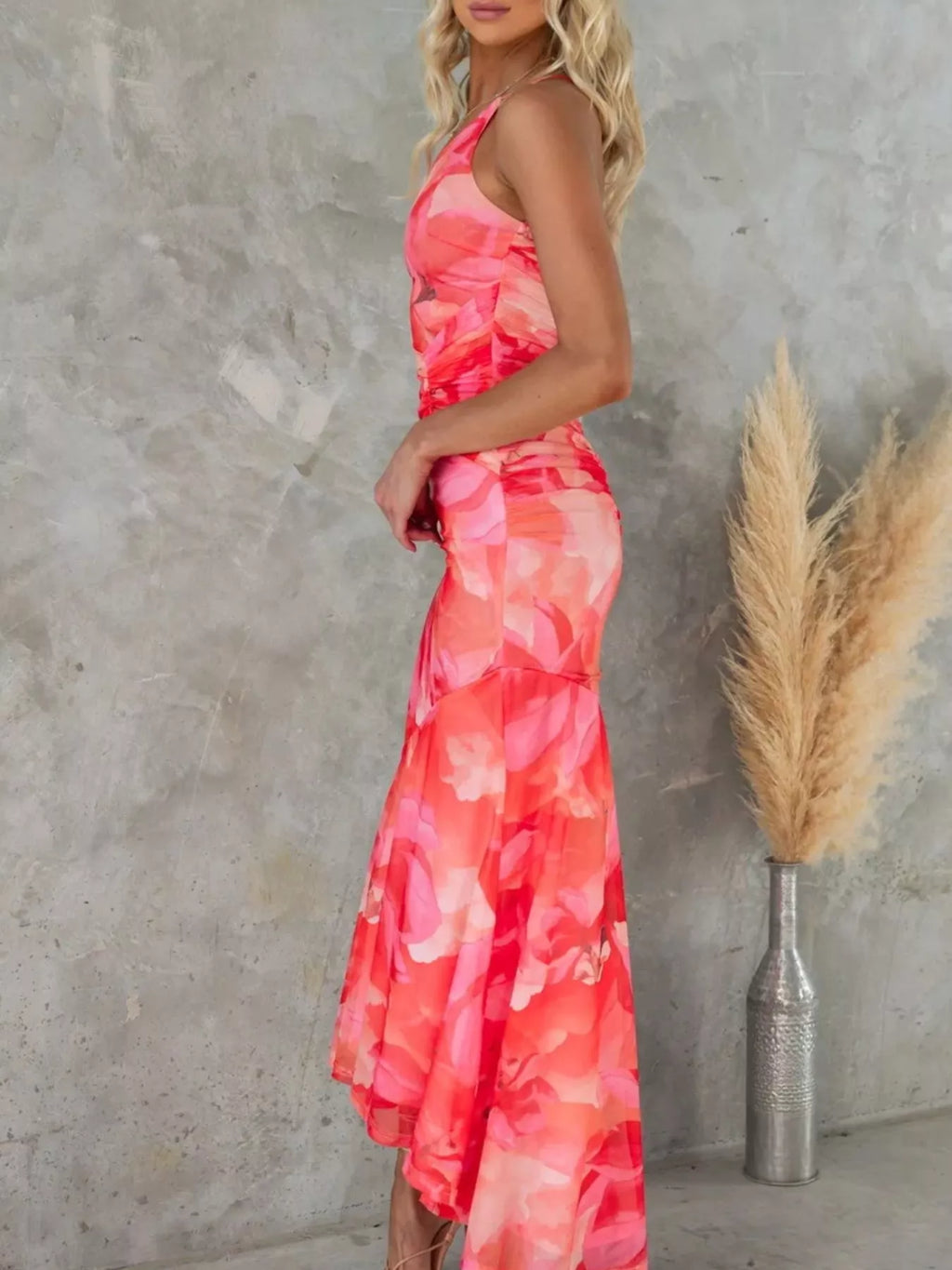 Floral Print One-Shoulder Ruched Maxi Dress in Purple