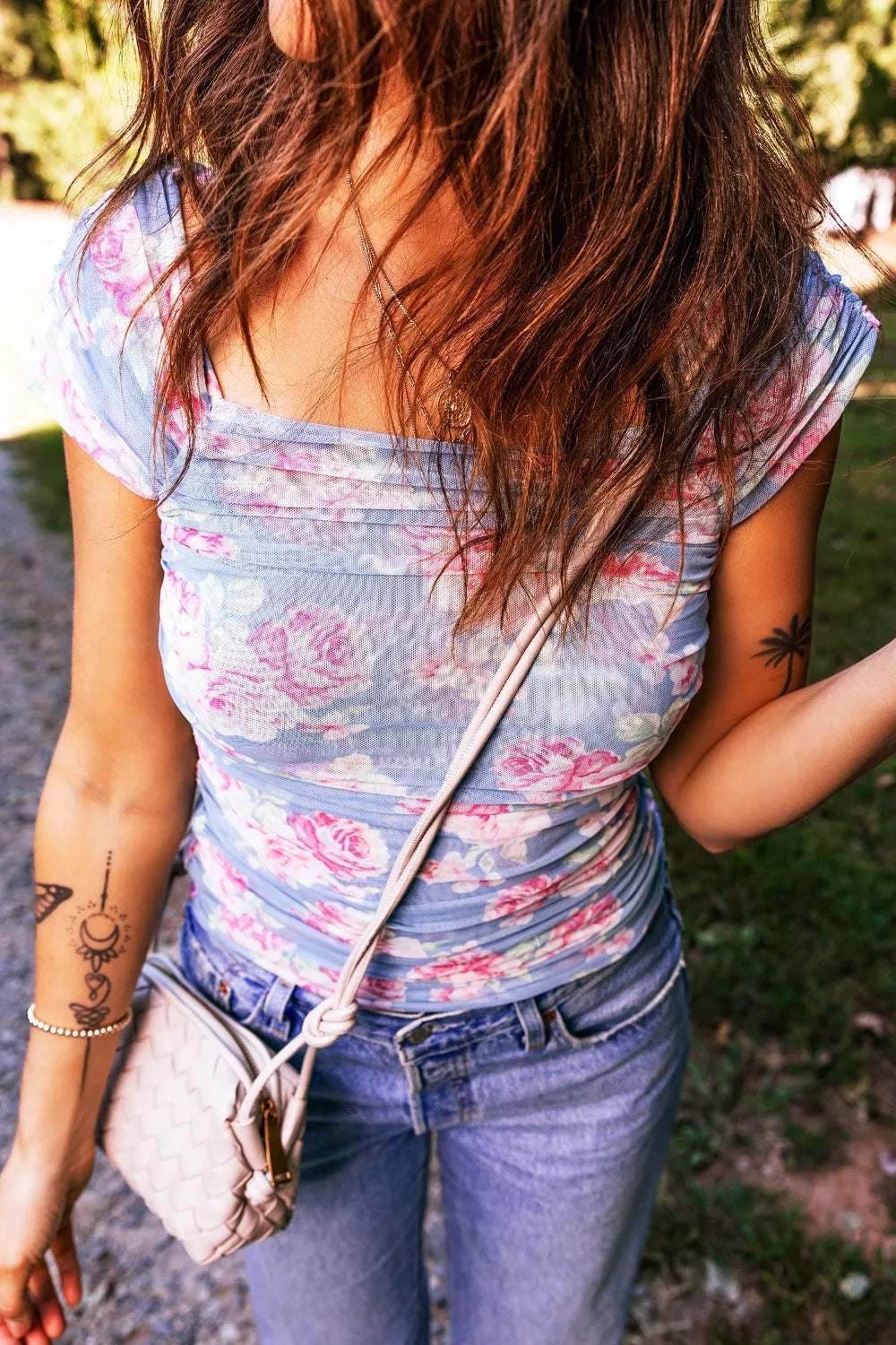 Floral Mesh Square Neck Ruched Cap Sleeve Top