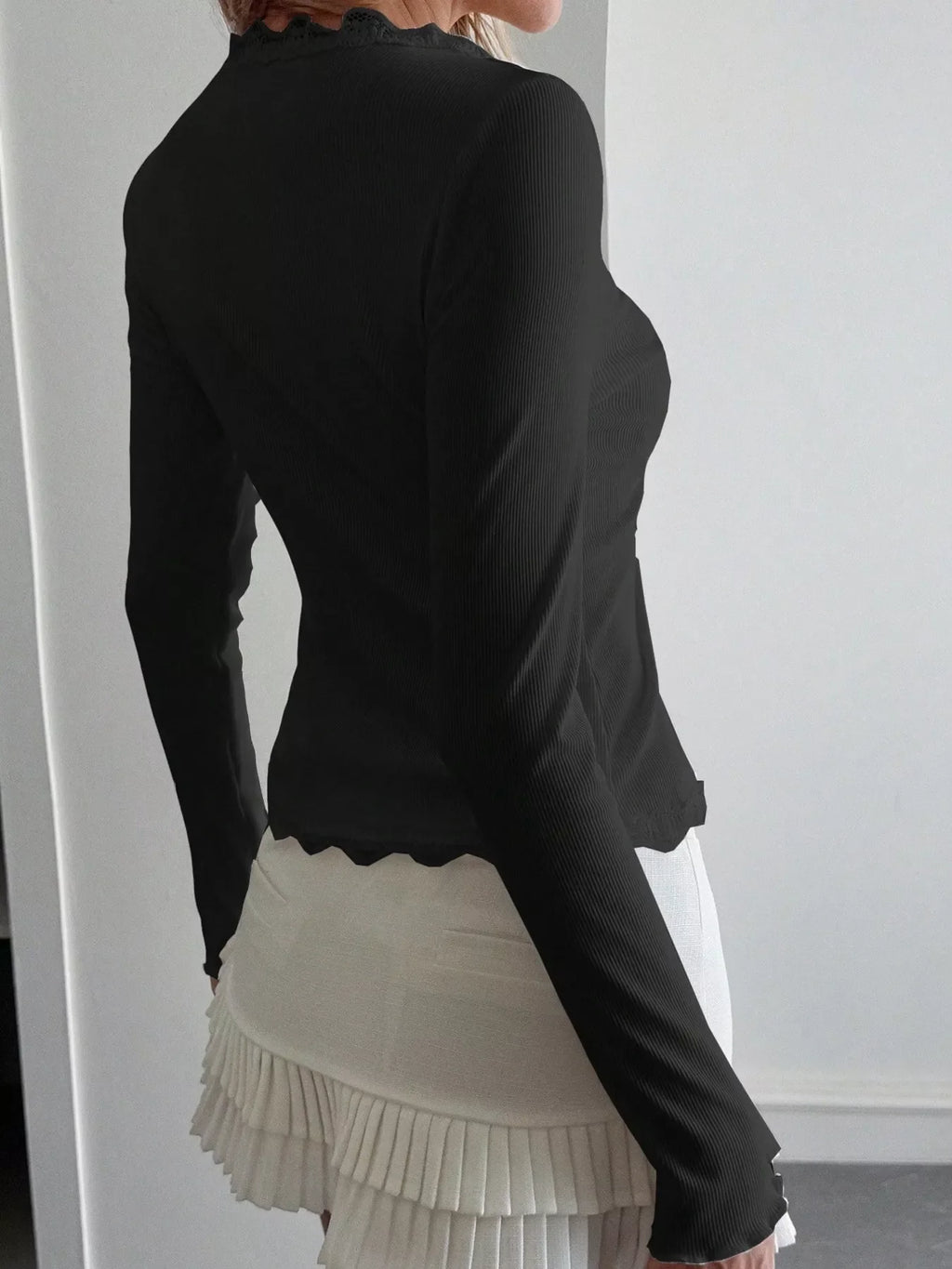 White Lace Trim Long Sleeve Ribbed Buttoned Top