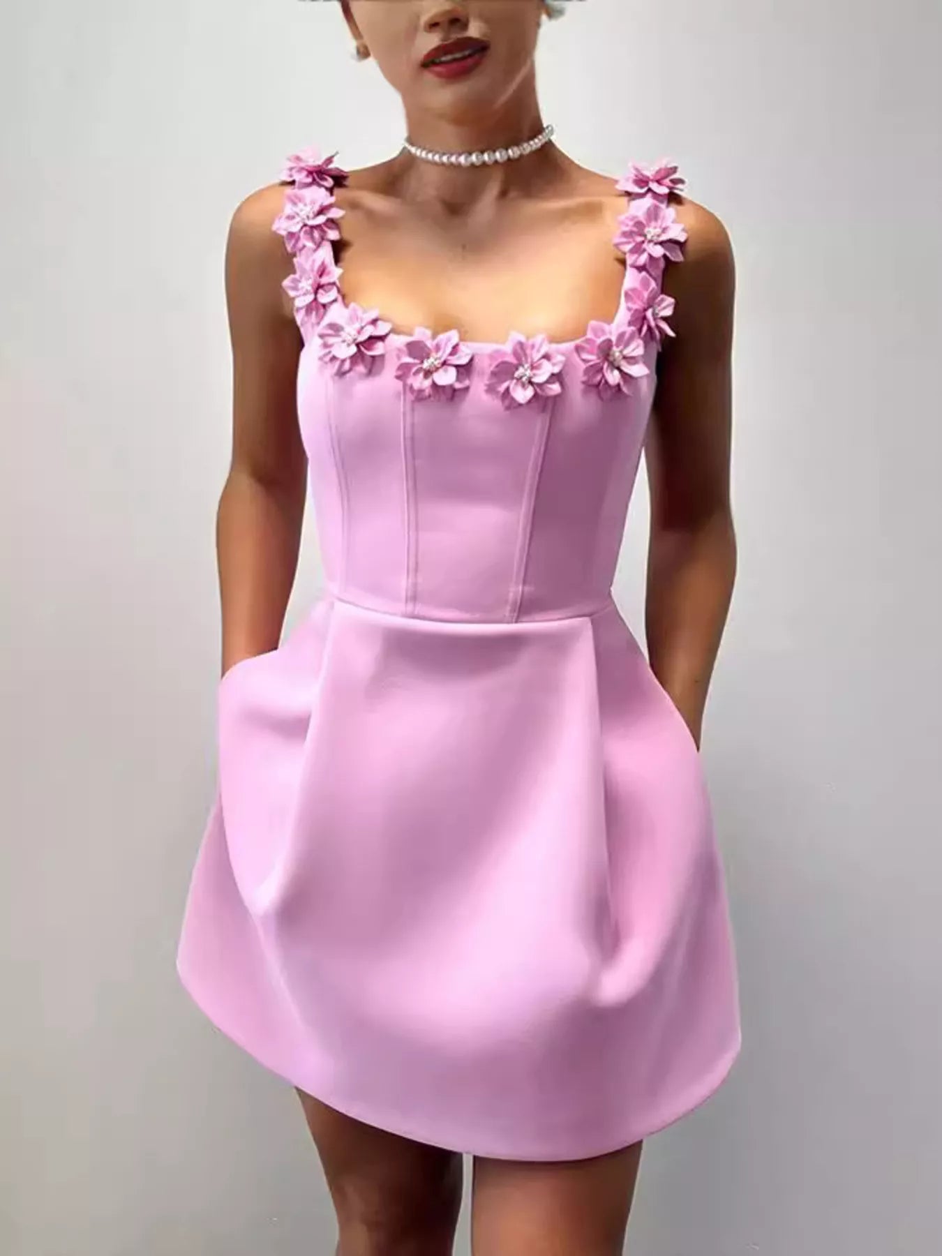 Floral Embellished Sleeveless Black Mini Dress with Pockets