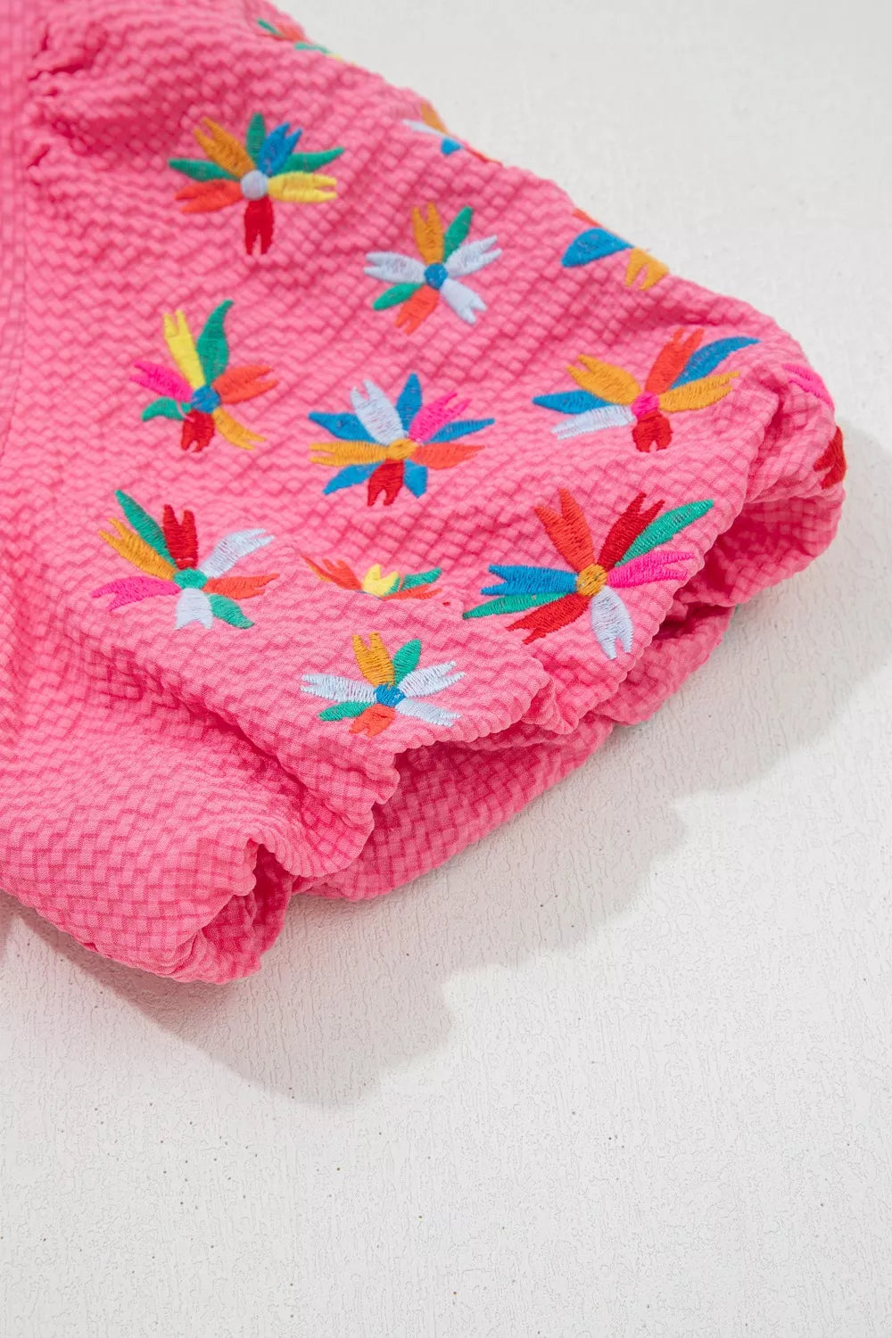 Pink V-Neck Embroidered Puff Sleeve Textured Blouse
