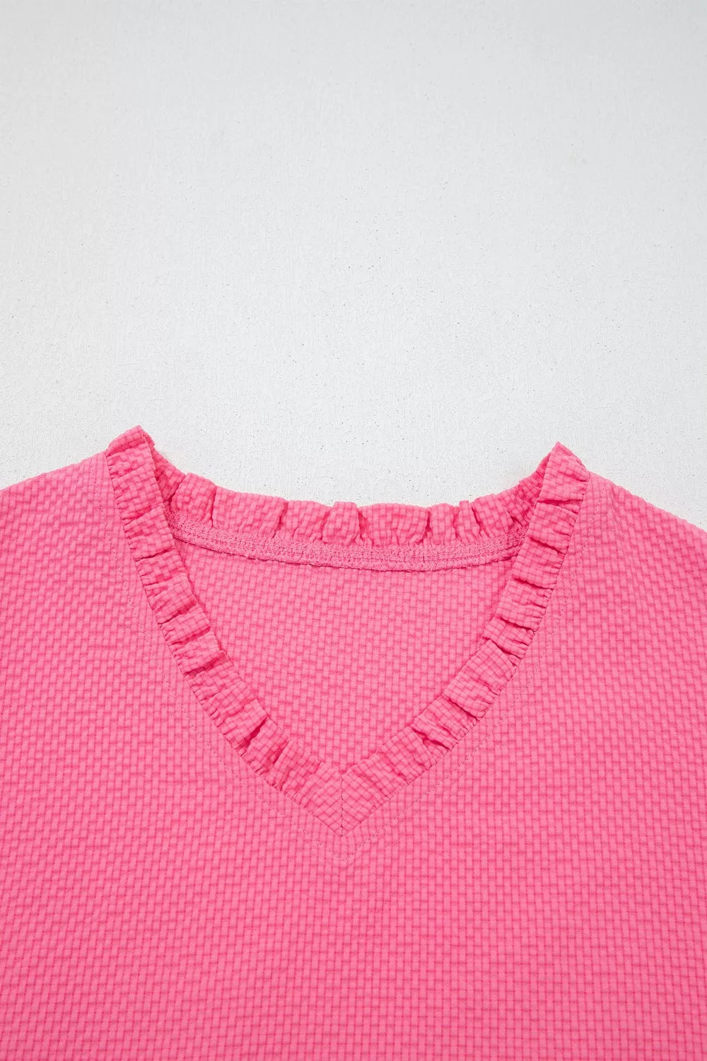 Pink V-Neck Embroidered Puff Sleeve Textured Blouse