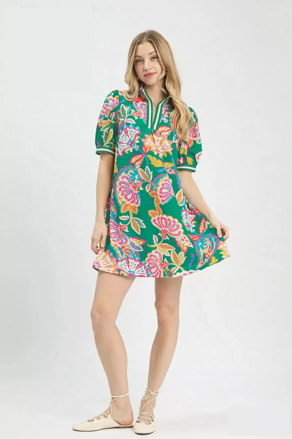 Emerald Jacquard Paisley Puff Sleeve Mini Tunic Dress