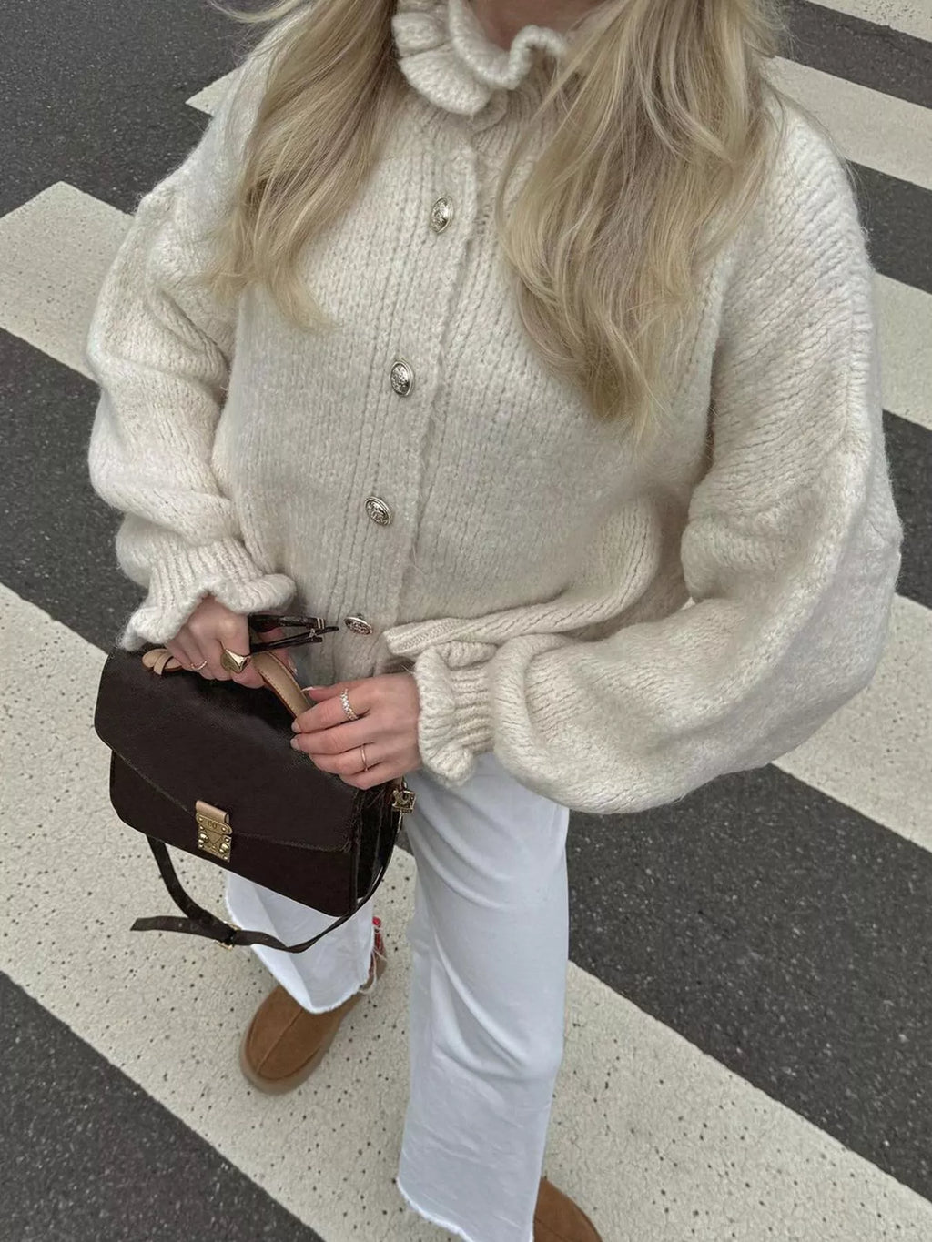 White Ribbed Ruffle Neck Button-Down Long Sleeve Cardigan