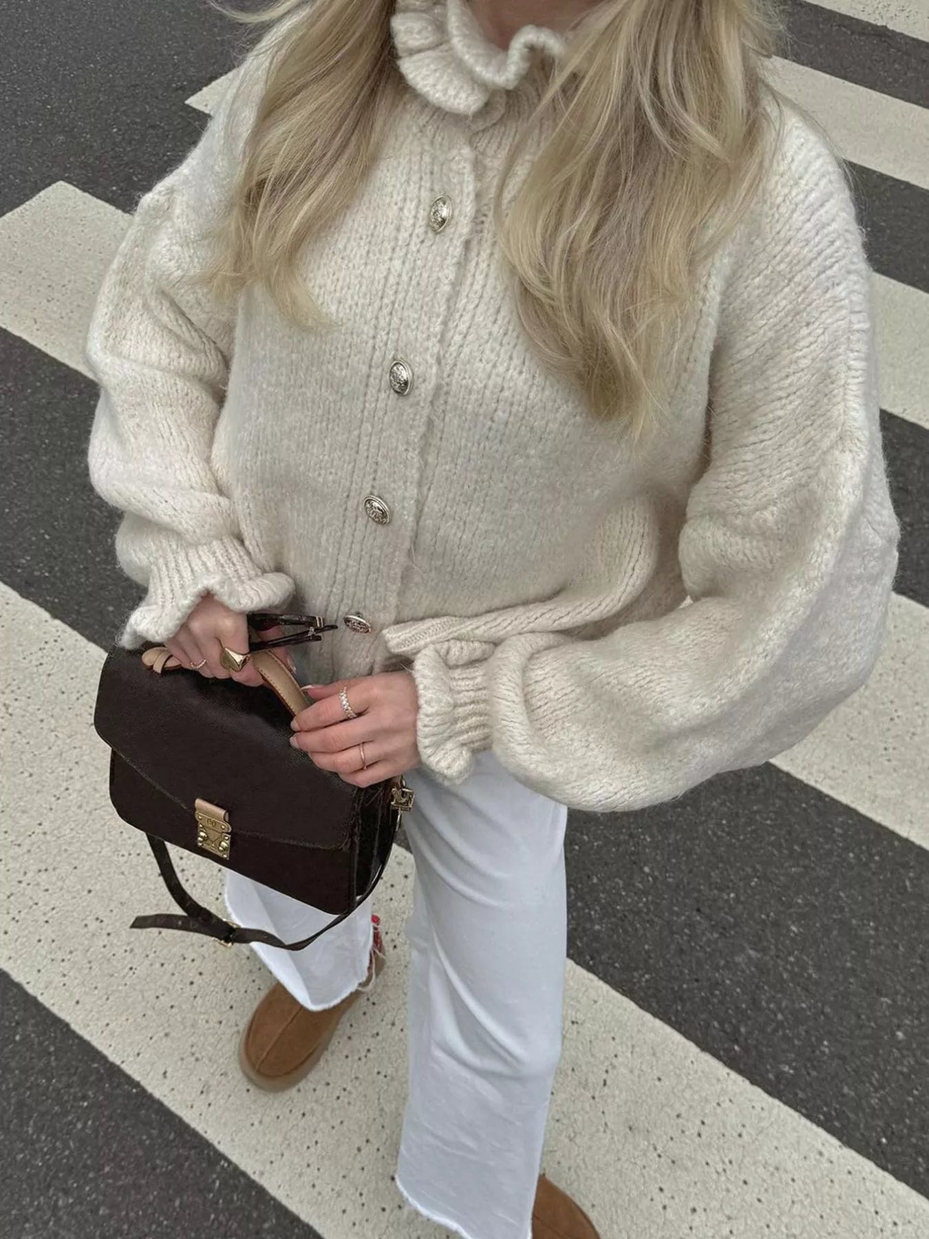 White Ribbed Ruffle Neck Button-Down Long Sleeve Cardigan