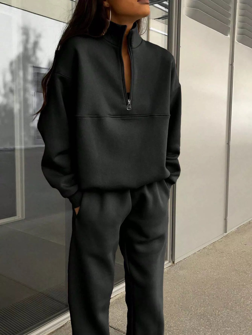 Women's Half Zip Sweatshirt & Pants Set - Grey Knit