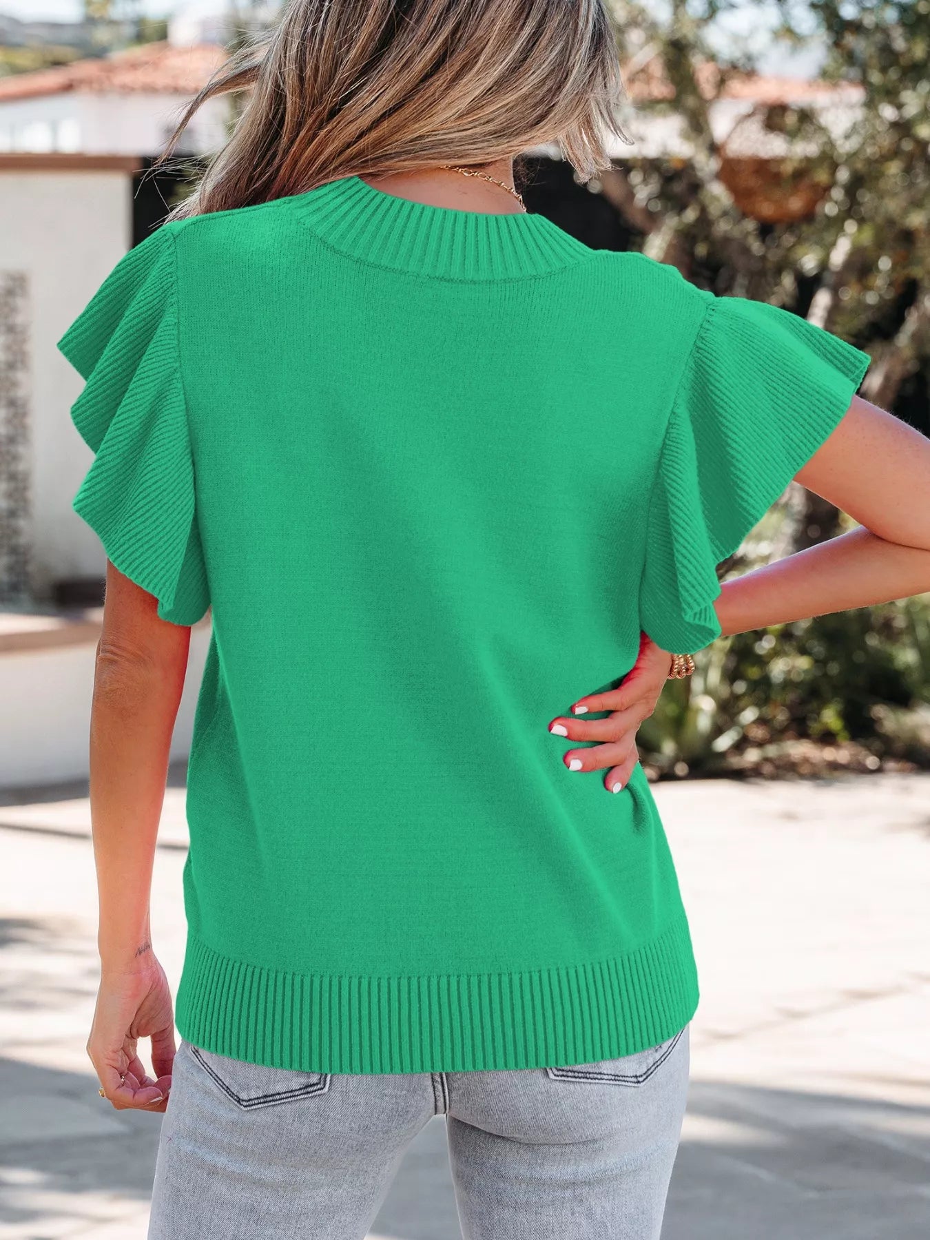 Blue Ribbed Knit Short Sleeve Sweater with Ruffle Trim