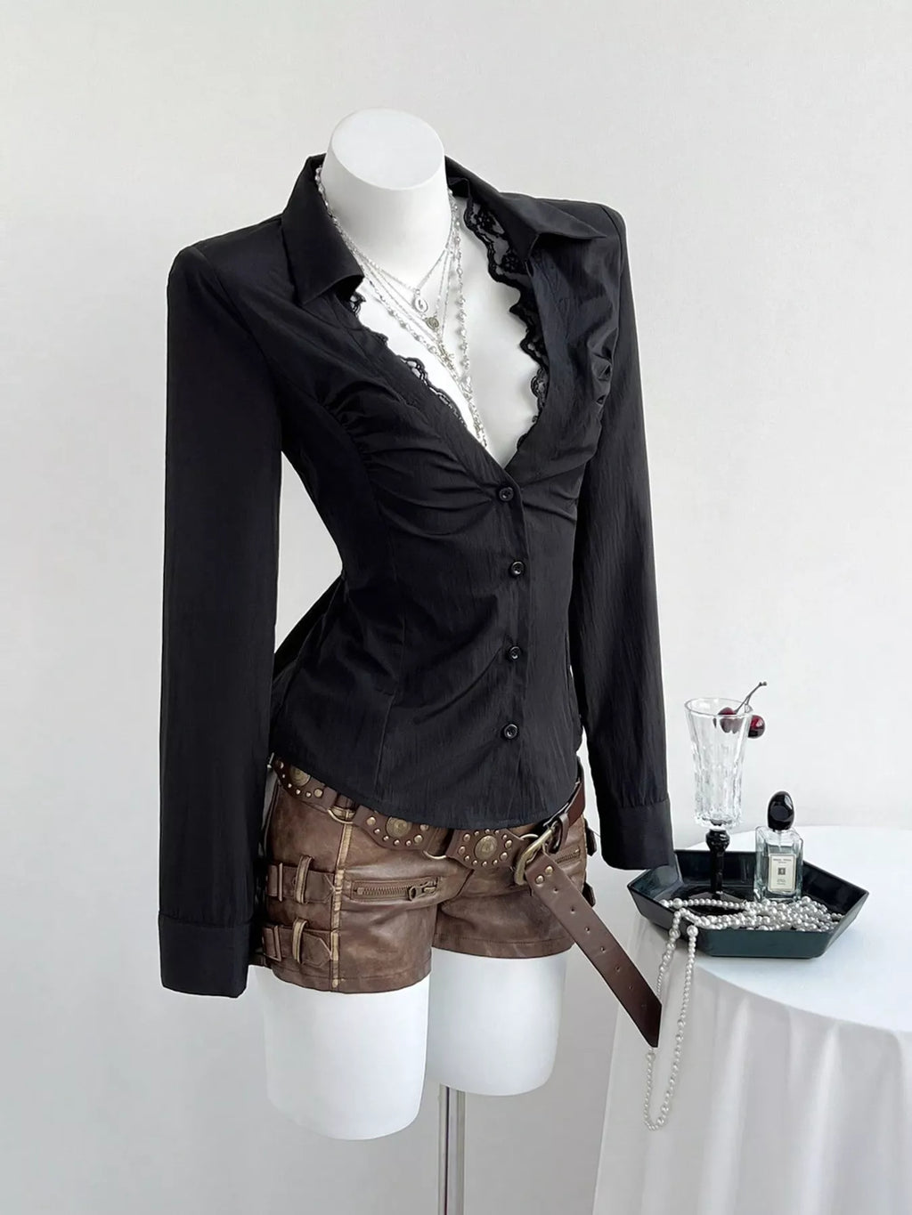 Black Lace Trim Ruched Slim Fit Button Down Shirt