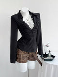 Black Lace Trim Ruched Slim Fit Button Down Shirt