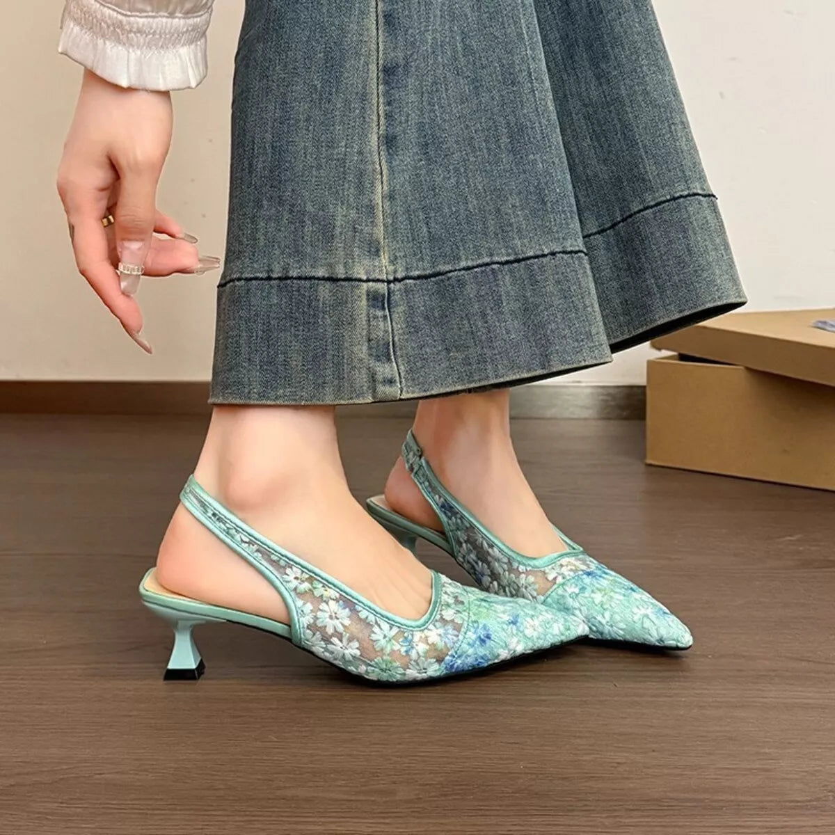 Lace Pointed-Toe Slingback Pumps
