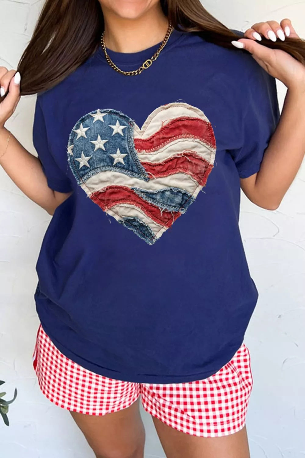 Blue Patriotic Denim Heart Graphic Print Short Sleeve T-Shirt