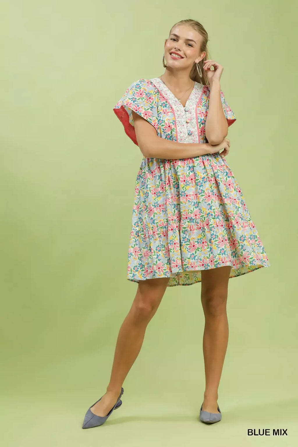 Blue Mix Floral Tiered Mini Dress with Pockets
