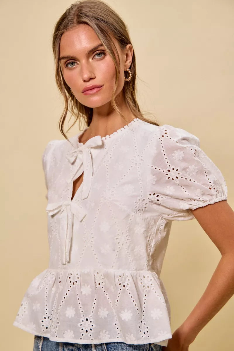 Women's Cotton Eyelet Blouse with Front Tie