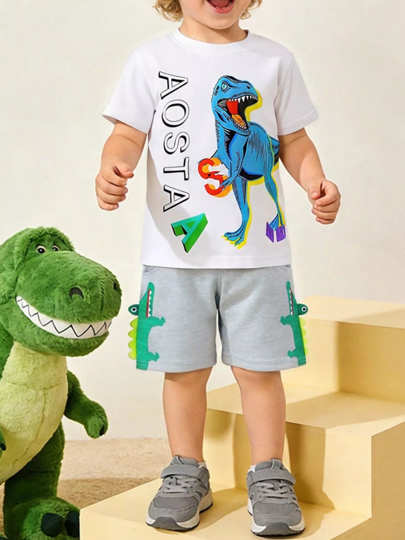 Boys Dinosaur Graphic T-Shirt and Drawstring Shorts Set