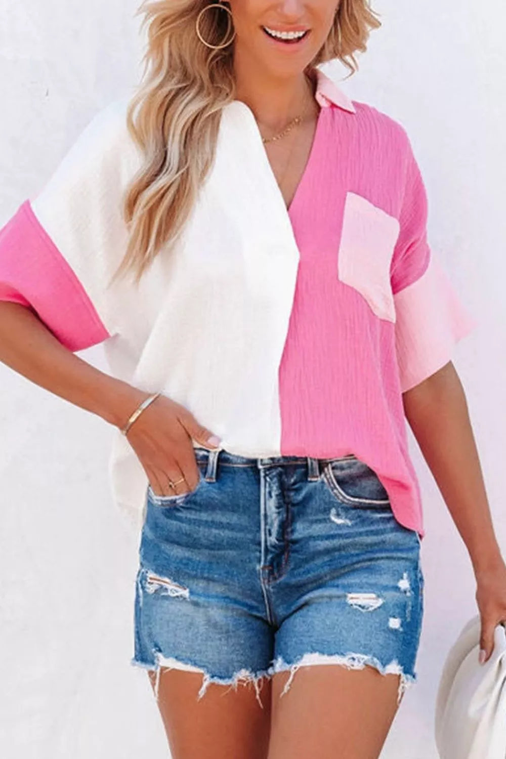 Color Block Casual Cotton Button Down Shirt in Pink and White