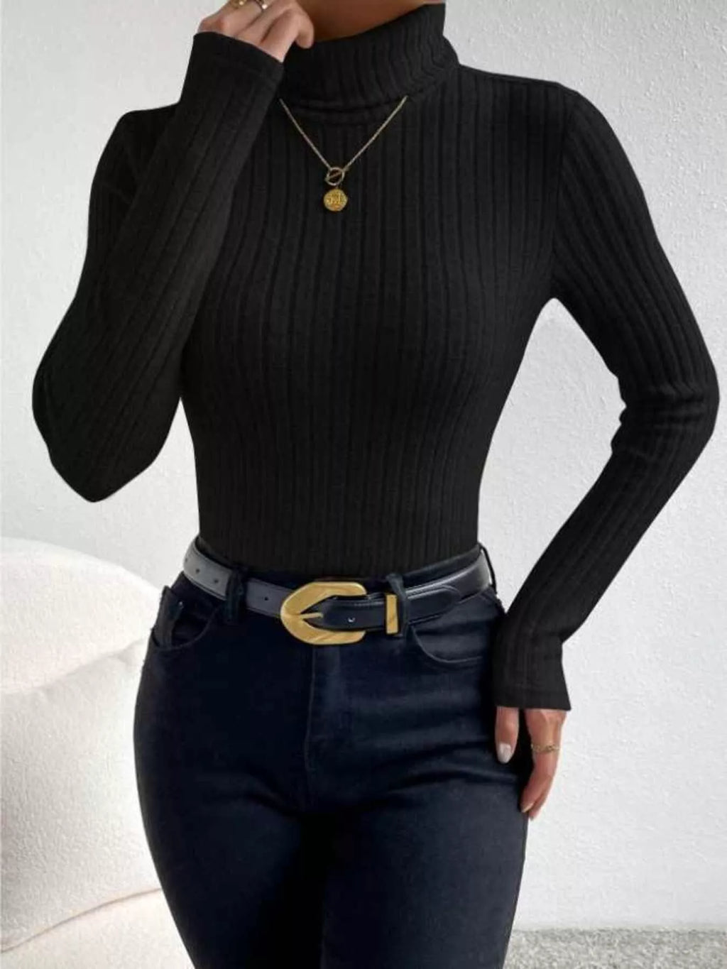 Women's Ribbed Turtleneck Long Sleeve Basic Fitted T-Shirt