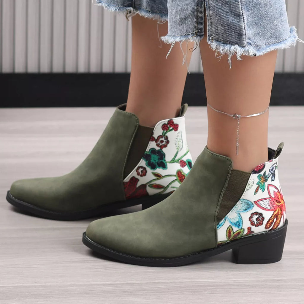 Women's Black Point Toe Mid Block Heel Ankle Boots