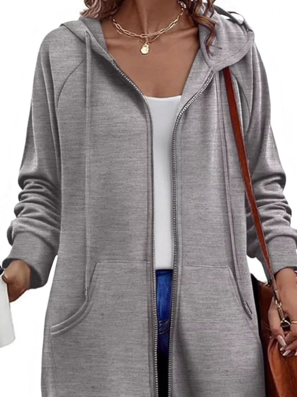Women's Longline Zip-Up Hooded Jacket with Pockets Black