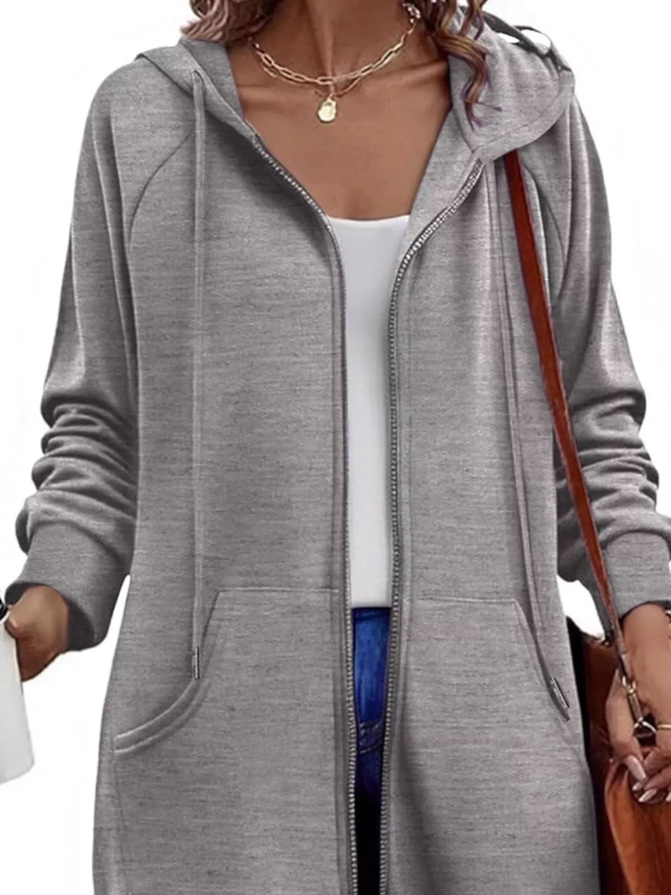 Women's Longline Zip-Up Hooded Jacket with Pockets Black