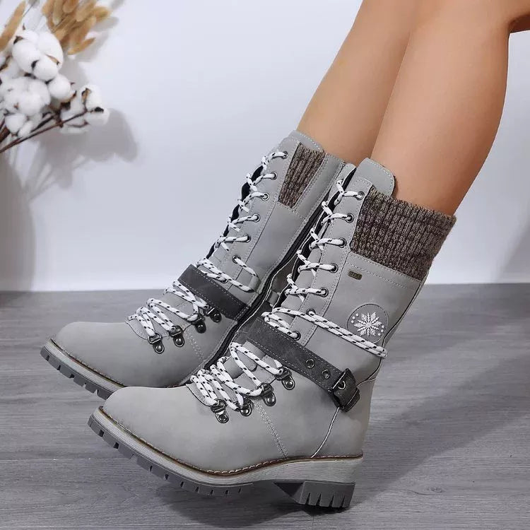 Women's Grey Lace Up Winter Boots with Knit Cuff and Buckle Detail