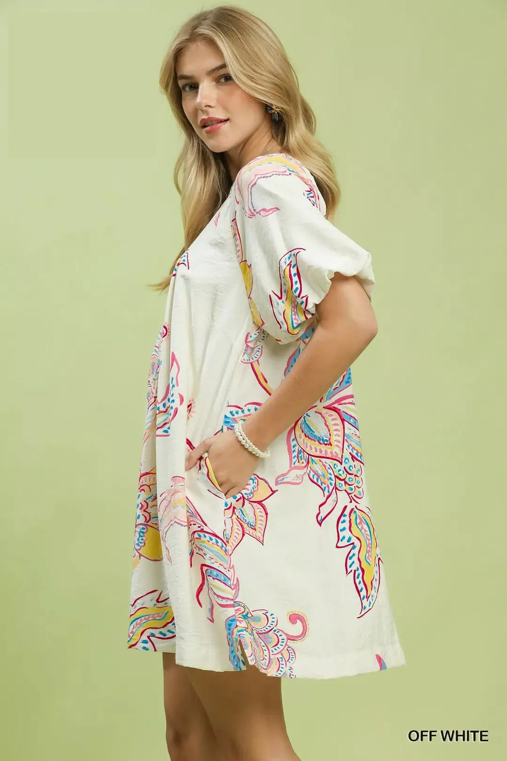 Off White Boho Floral Print Mini Dress with Pockets