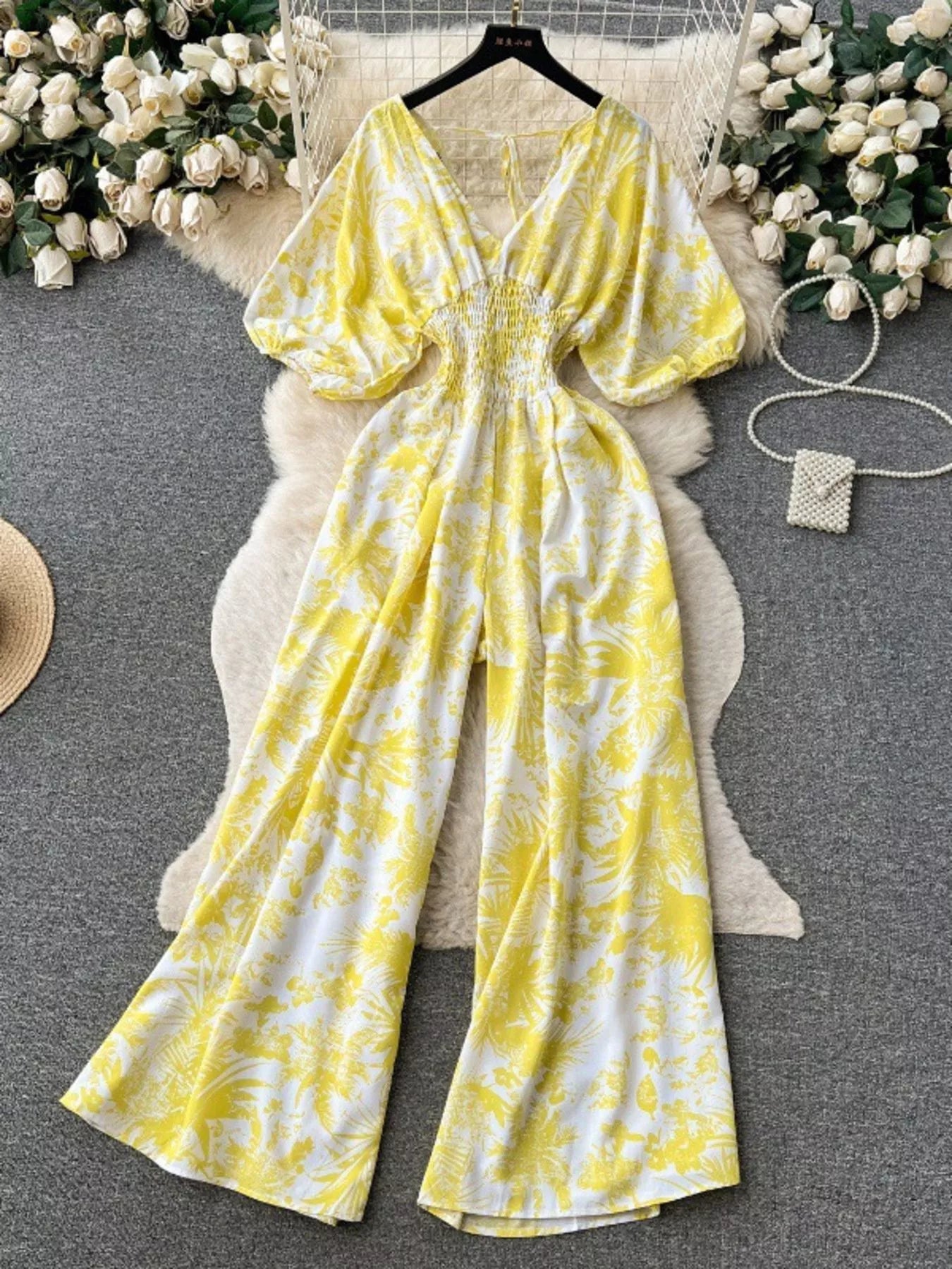 Yellow Floral Print Smocked V-Neck Wide Leg Jumpsuit