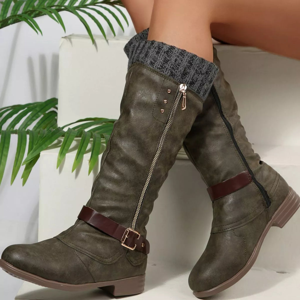 Women Black Suede Mid-Calf Boots with Knit Cuff and Buckle Detail