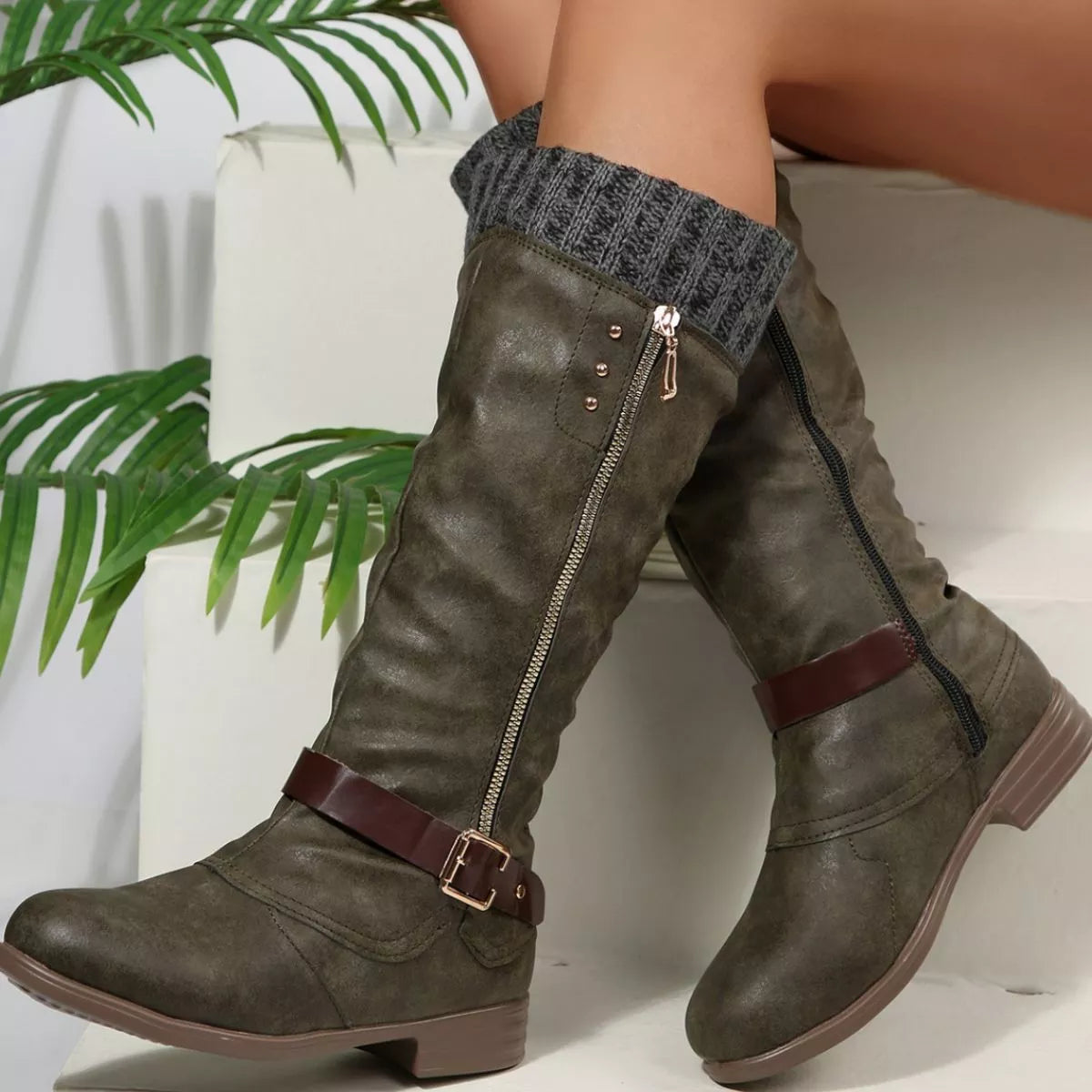 Women Black Suede Mid-Calf Boots with Knit Cuff and Buckle Detail