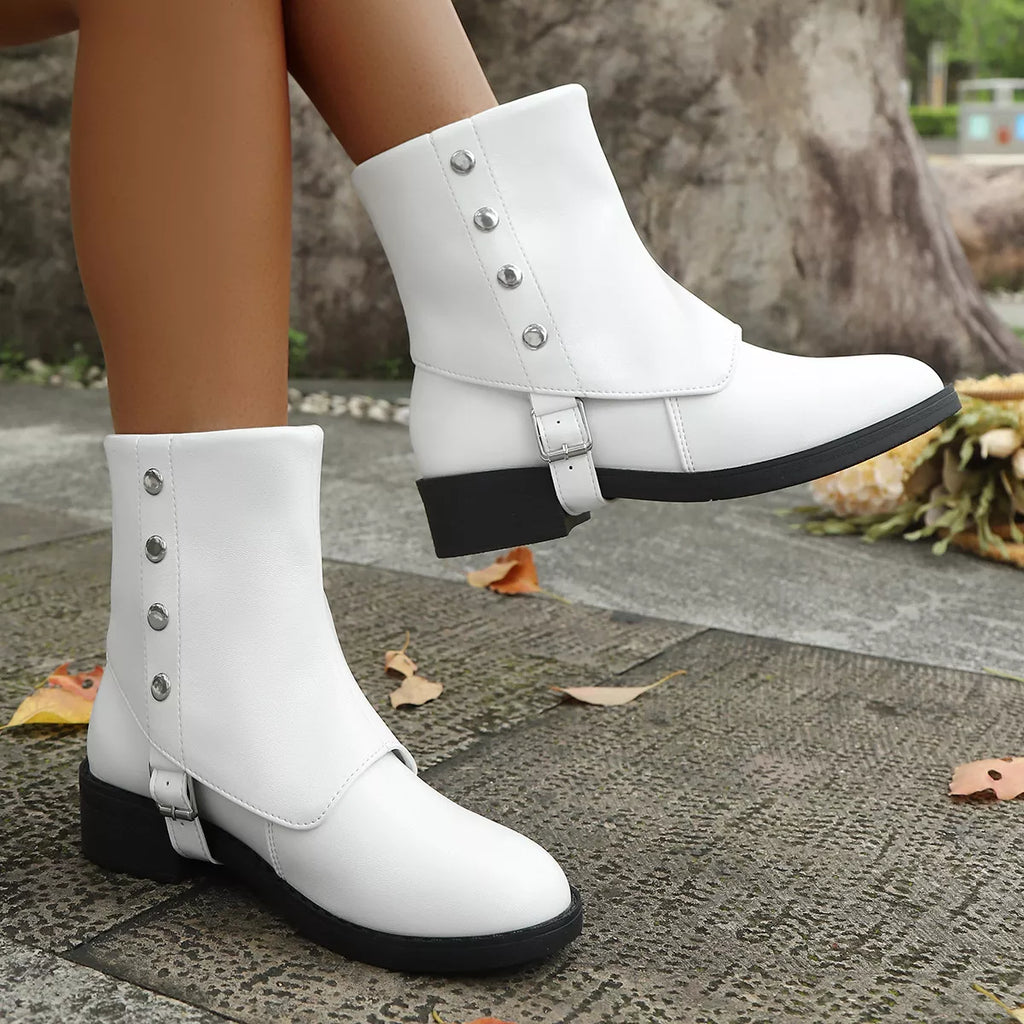 Women's Round Toe White Block Heel Boots with Buckle Detail