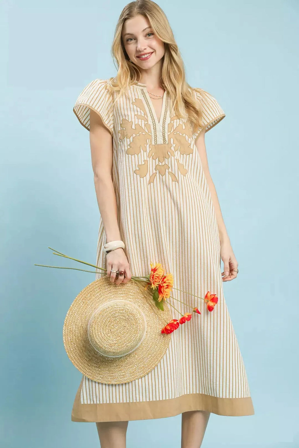 Tan Stripe Midi Dress with Flutter Sleeves and Applique Detail