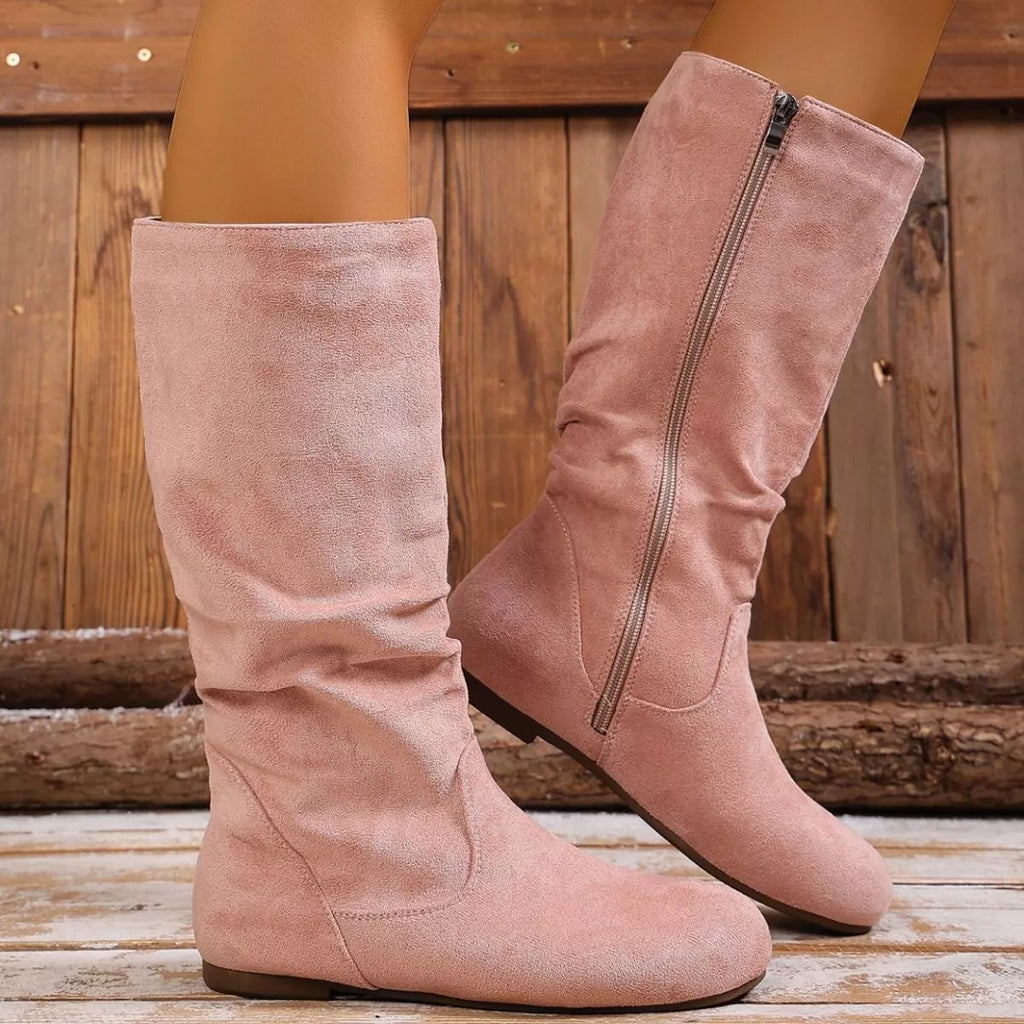 Women's Round Toe Side Zip Suede Mid-Calf Boots