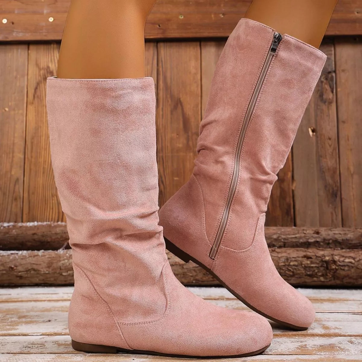 Women's Round Toe Side Zip Suede Mid-Calf Boots