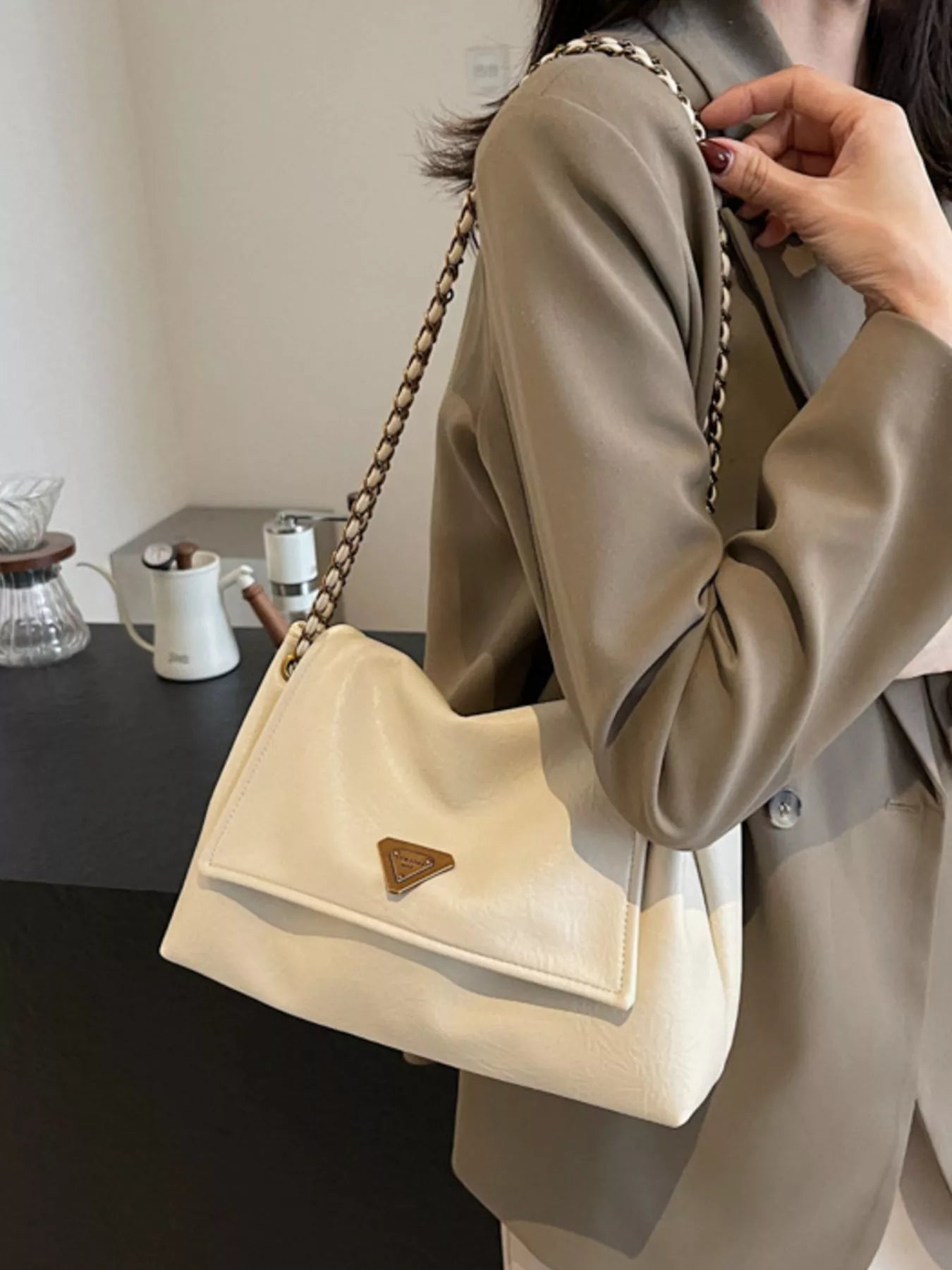 Brown Faux Leather Shoulder Bag with Metal Chain Strap