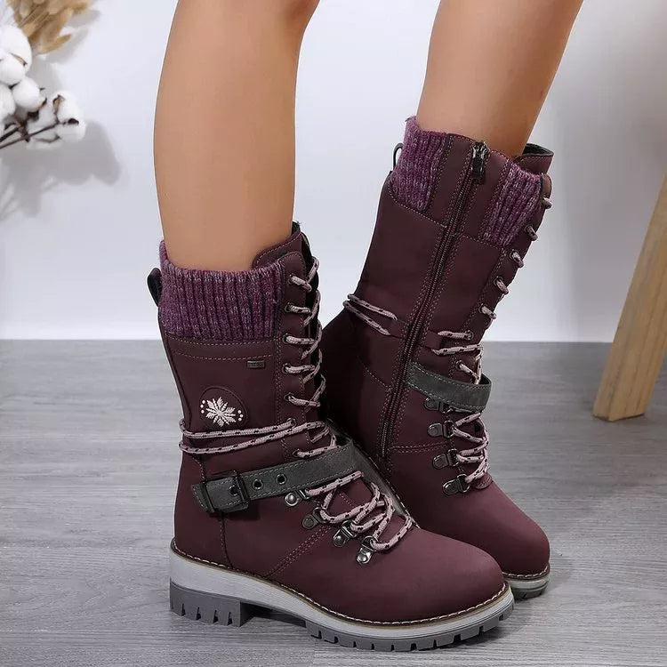 Women's Grey Lace Up Winter Boots with Knit Cuff and Buckle Detail