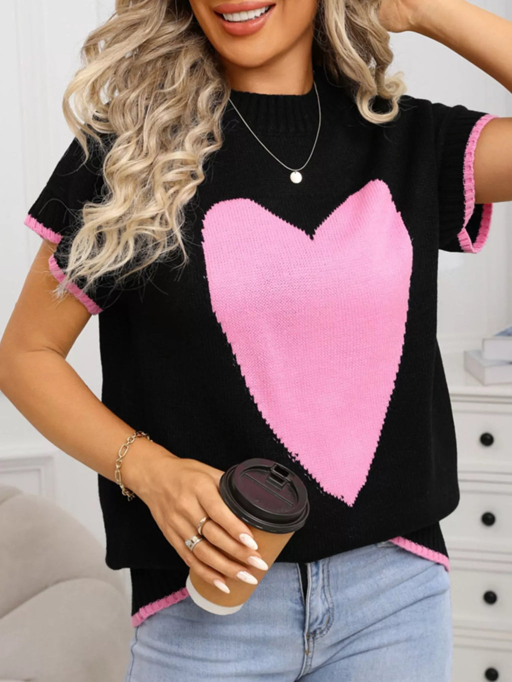 White Short Sleeve Knit Sweater with Red Heart Graphic