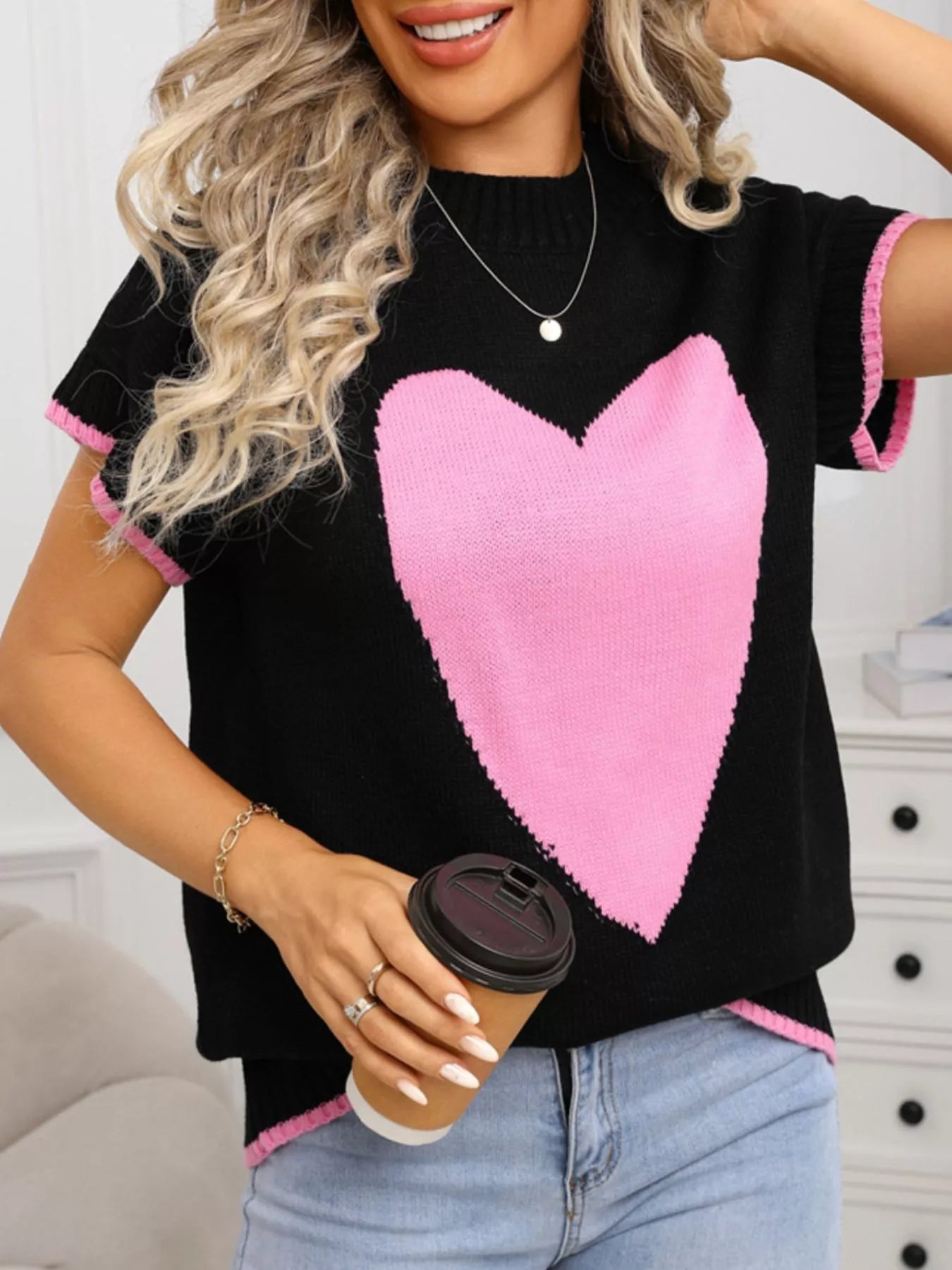 White Short Sleeve Knit Sweater with Red Heart Graphic
