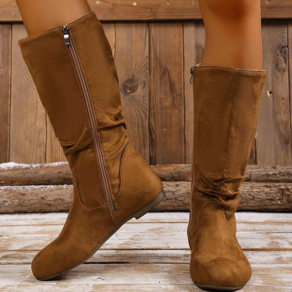 Women's Round Toe Side Zip Suede Mid-Calf Boots