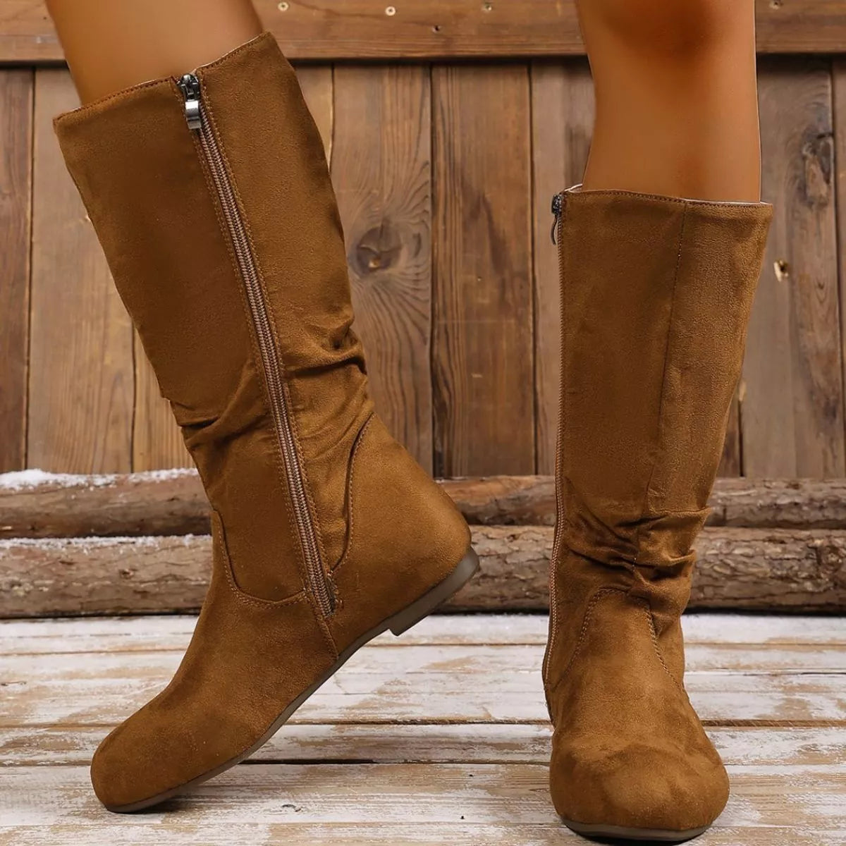 Women's Round Toe Side Zip Suede Mid-Calf Boots