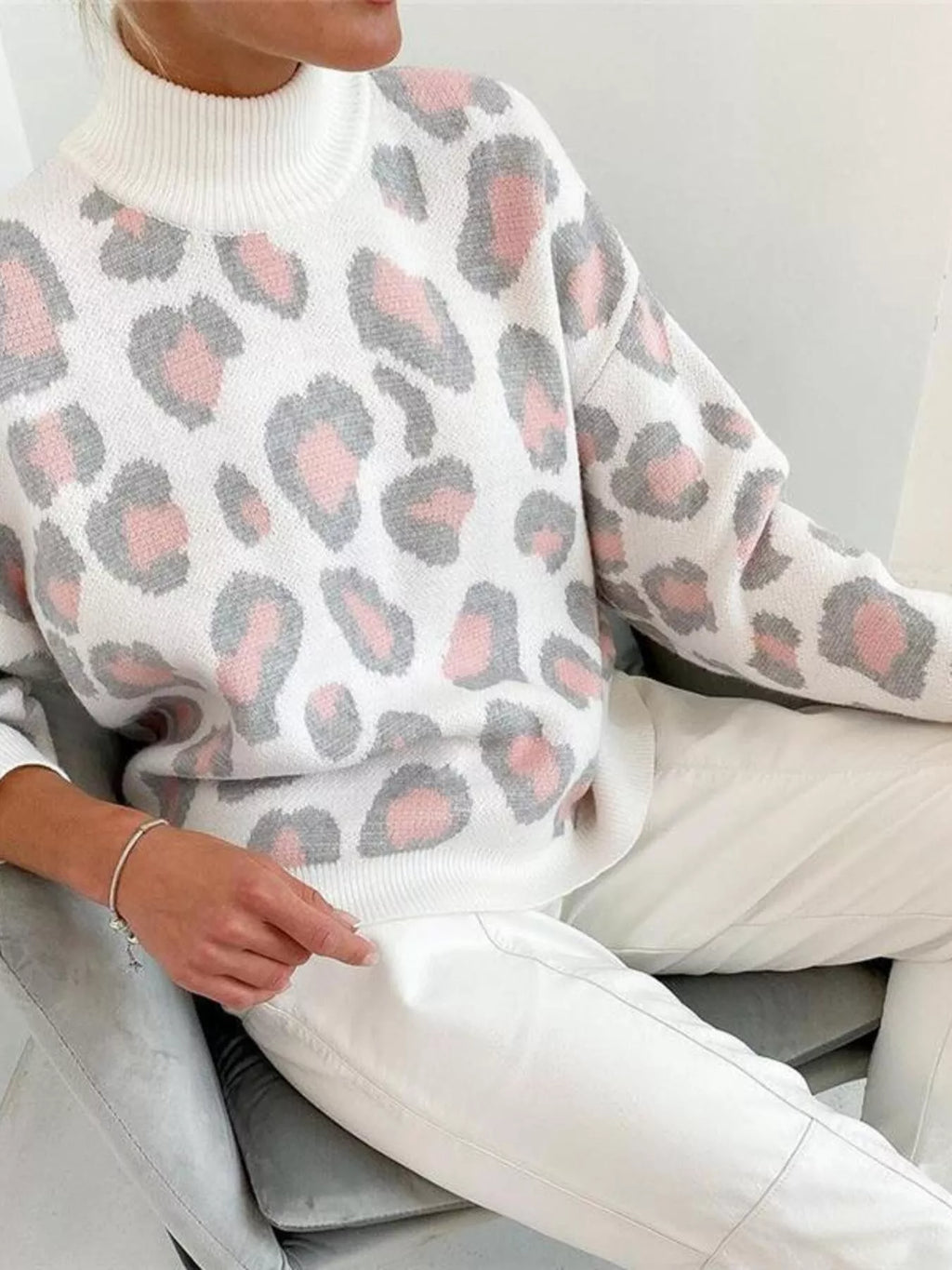 Women's Leopard Print High Neck Sweater in White Blue and Tan