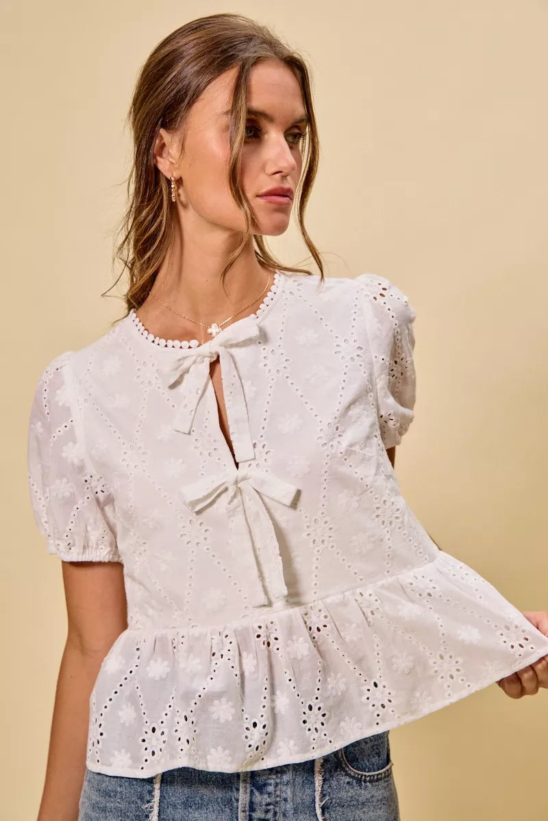 Women's Cotton Eyelet Blouse with Front Tie