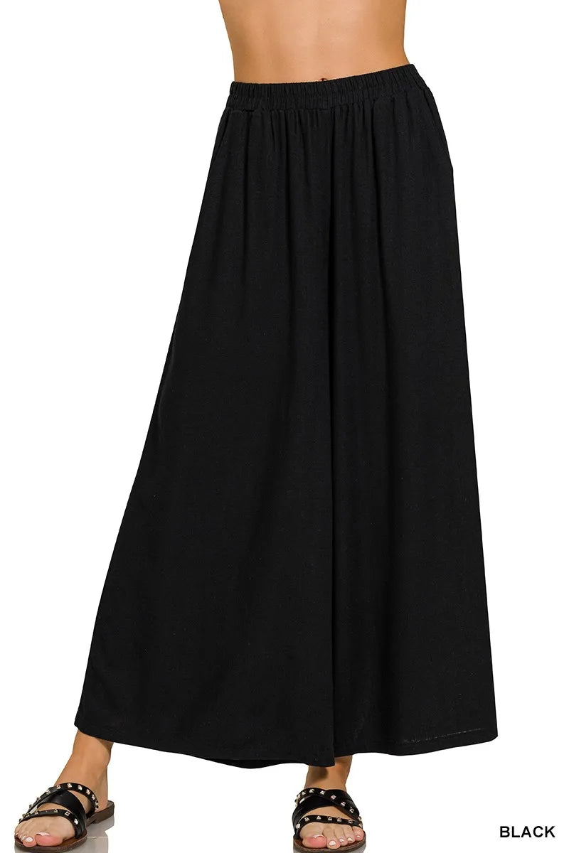 Woven Pleated Linen Blend Wide Leg Pants with Drawstring Waist