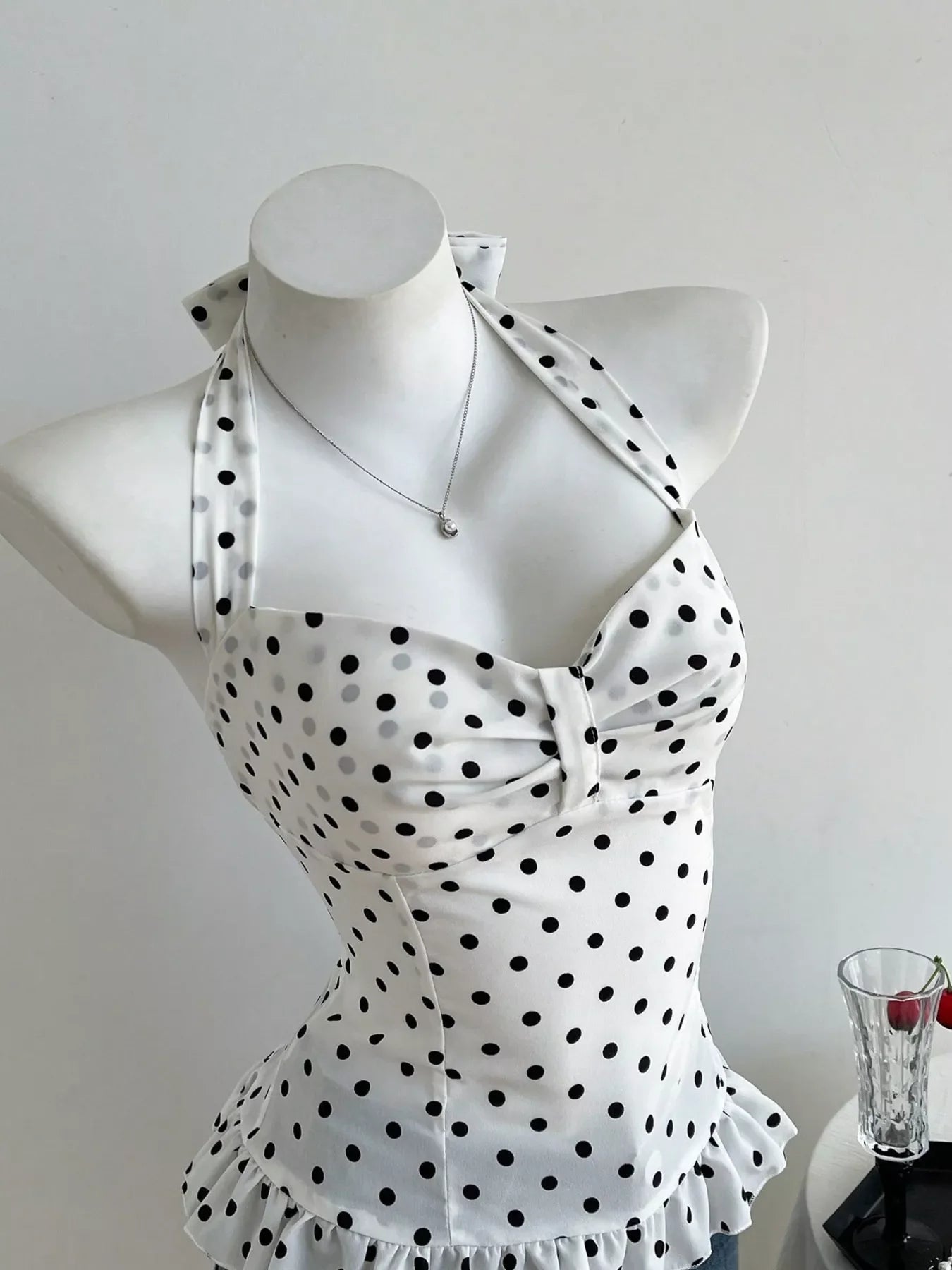 Polka Dot Halter Neck Cami Top with Ruffle Hem