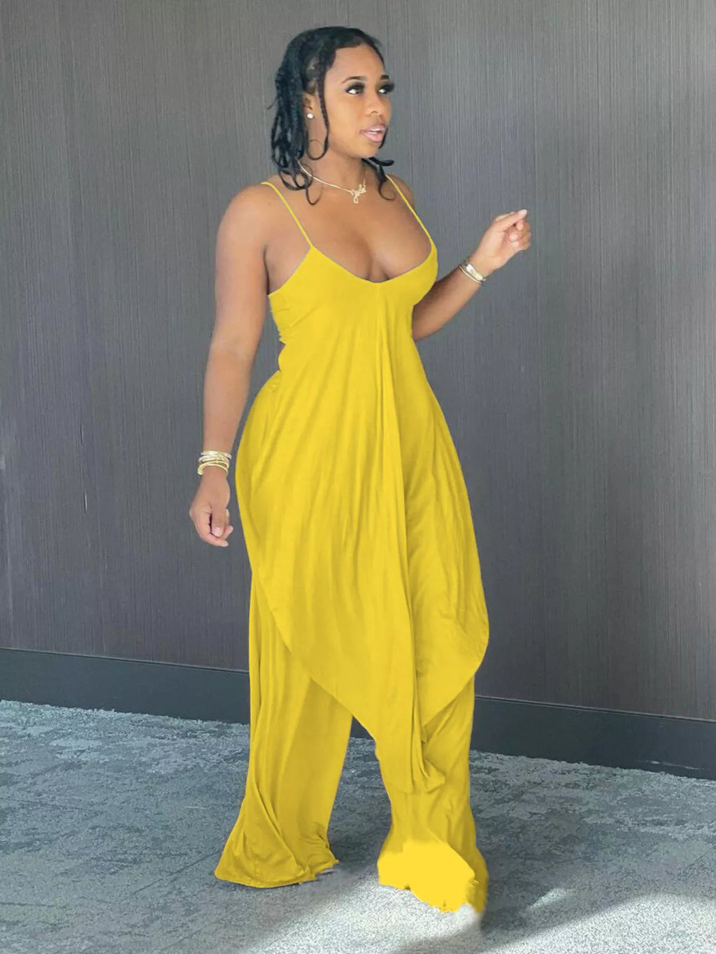 Yellow Asymmetrical Cami Top and Wide Leg Pants Set