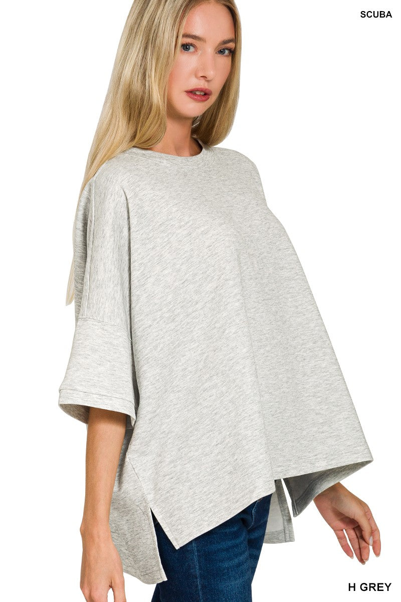 Scuba Round Neck Top in Heather Grey with Side Slits