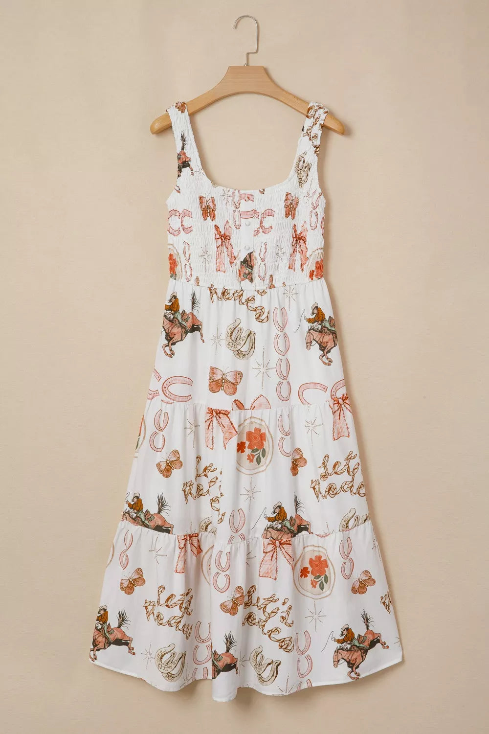 Western Horseshoe Print Smocked Sleeveless Midi Dress White