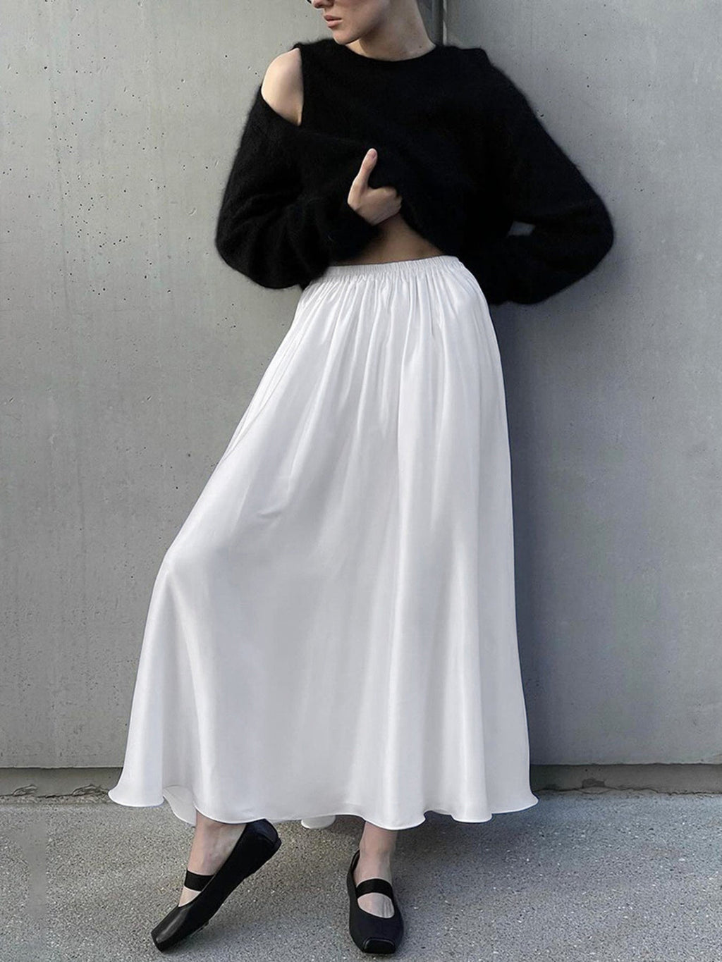 White Satin Maxi Skirt with Elastic Waist
