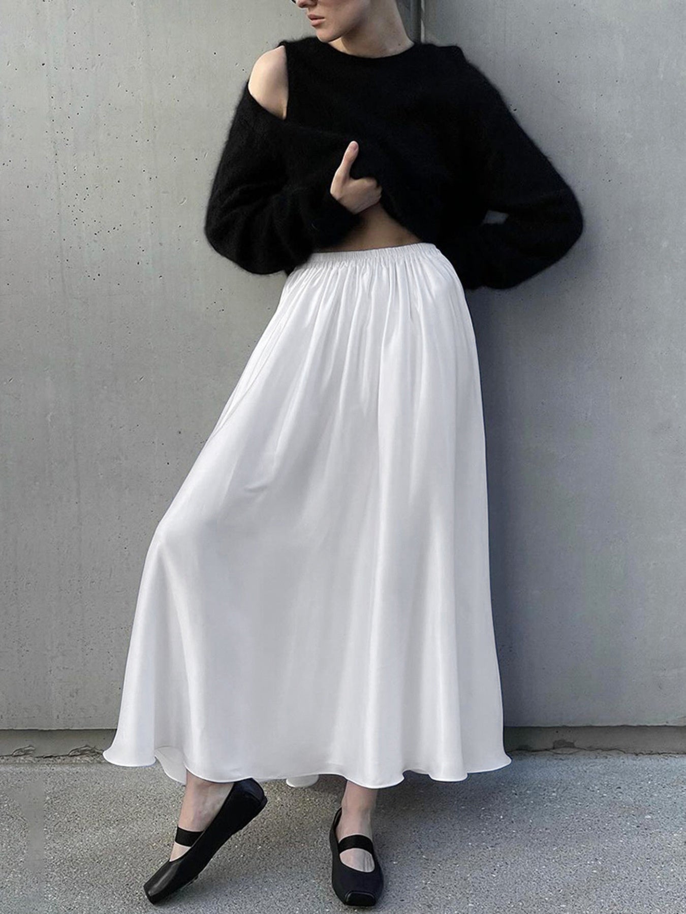 White Satin Maxi Skirt with Elastic Waist