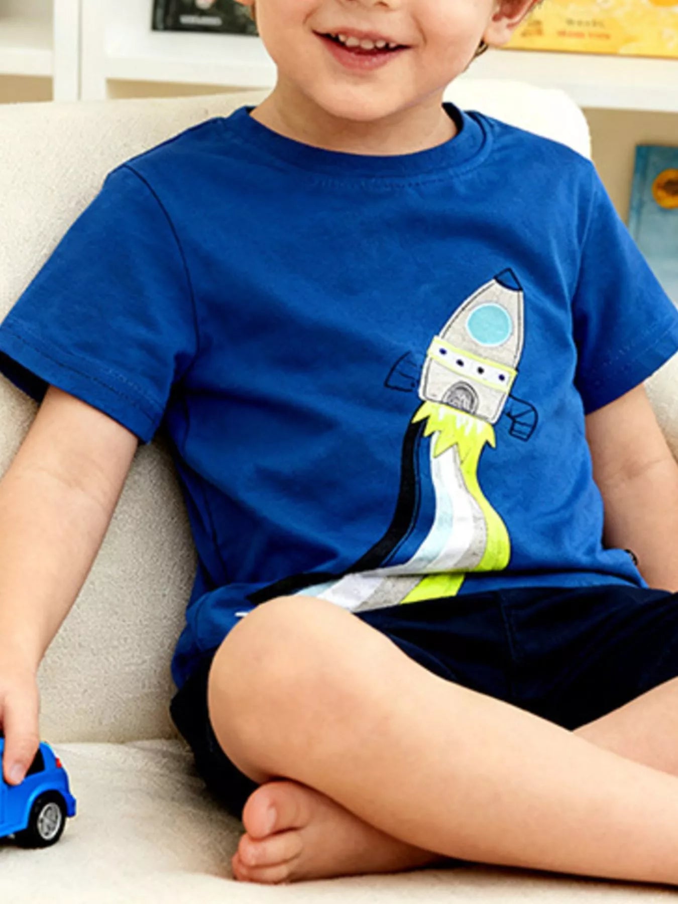 Boys Blue Rocket Graphic T-Shirt Short Sleeve Cotton Blend